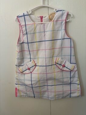 The Beaufort Bonnet Company White Plaid Dress with Pink, Yellow, Blue Trim
